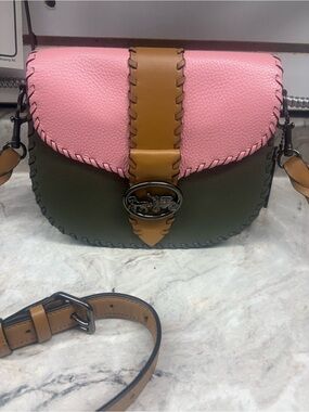 Coach Georgie Saddle Bag Colorblock Pink Olive Whipstitch Leather Crossbody